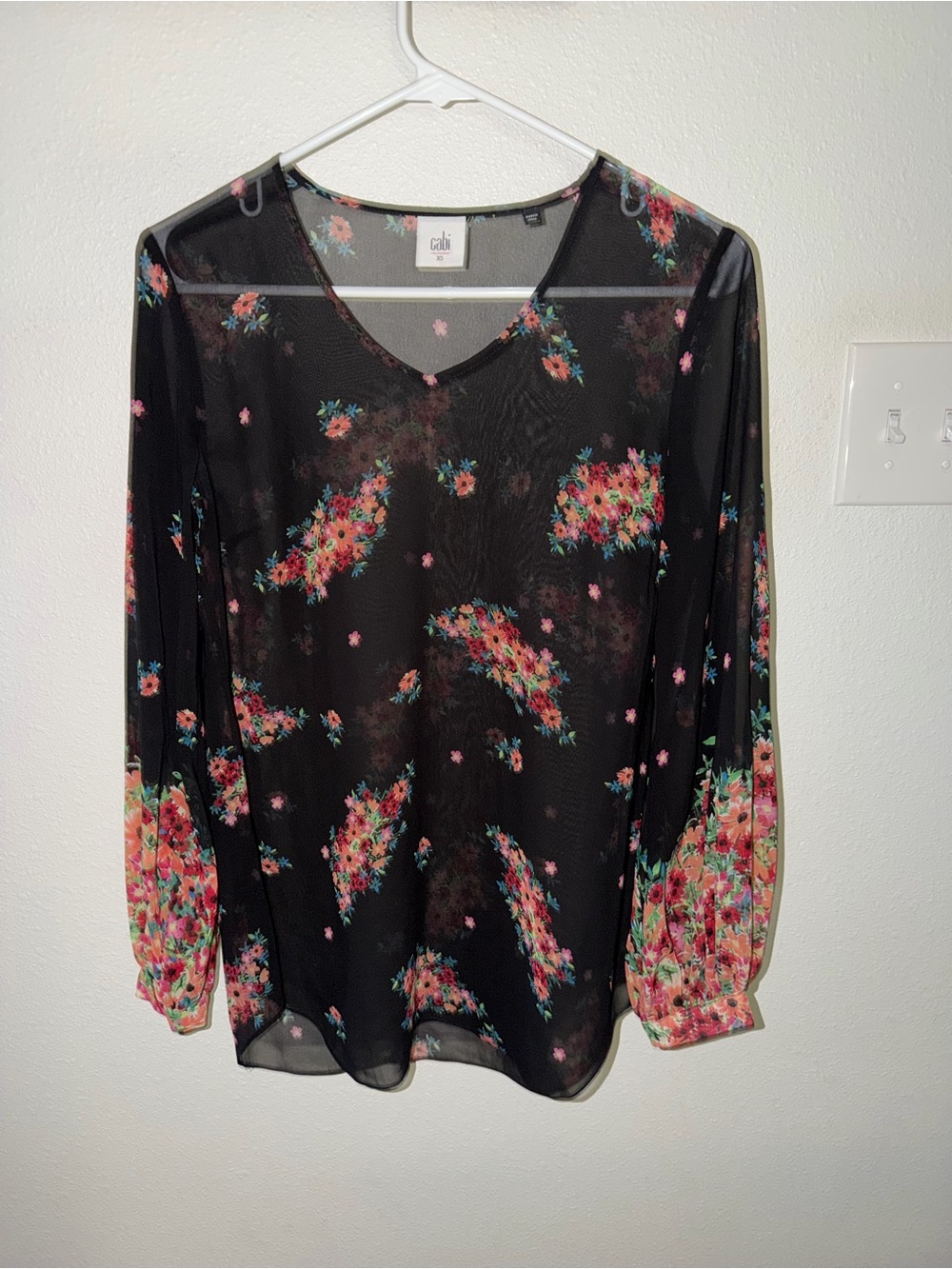 CAbi Black Sheer Floral V-Neck Blouse with Pink and Green Accents